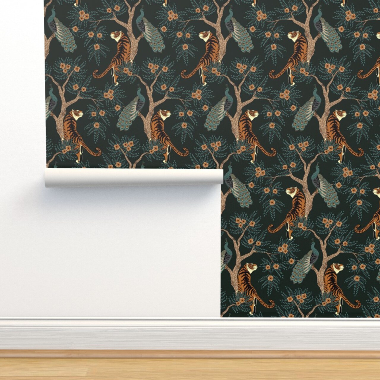Tiger Chinoiserie Bengal Peacock Asian Inspired Dark Teal Orange Romantic Floral Victorian Custom Pre-pasted Wallpaper by Spoonflower Pre-Pasted Wallpaper 2FT Wide
